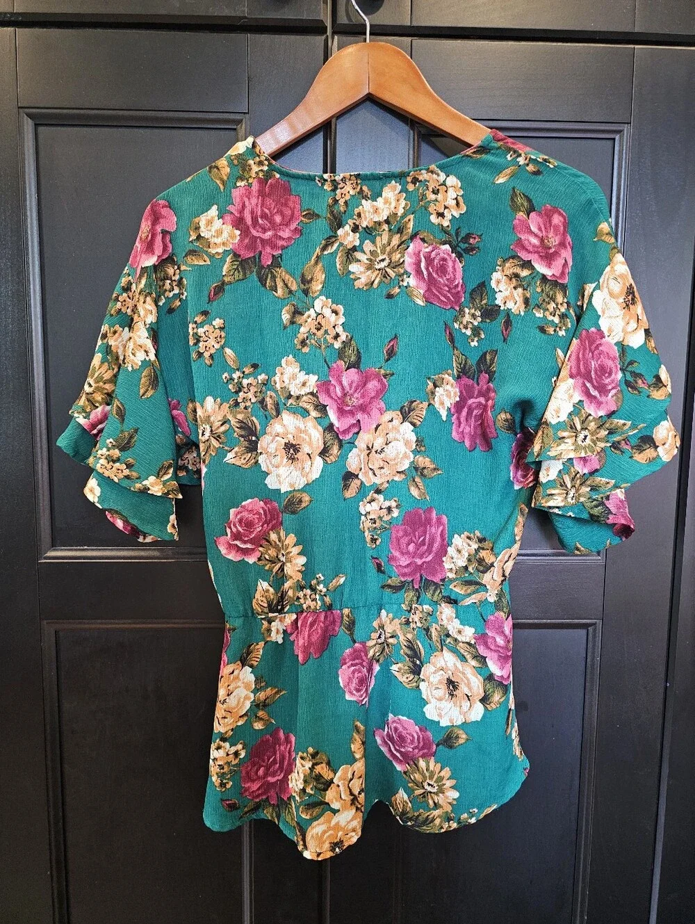 Set Of Two Flowy Floral Women's Tops- Black And Blue Green- Medium